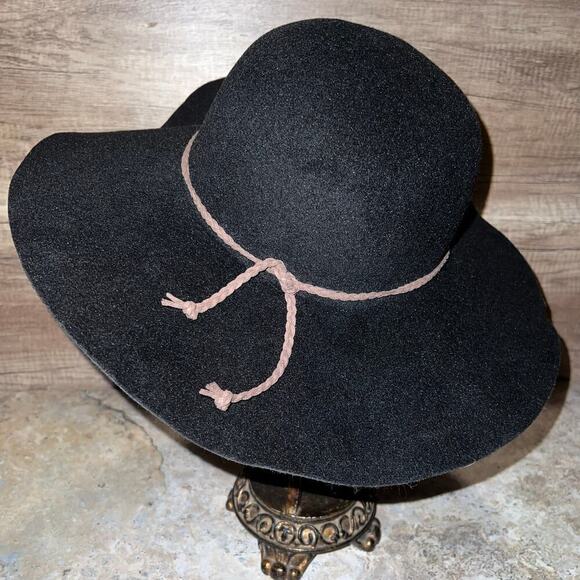 Altar'd State Black Floppy Boho Hat Oversized Wide Brimmed w Brown Cord Detail - Picture 2 of 14